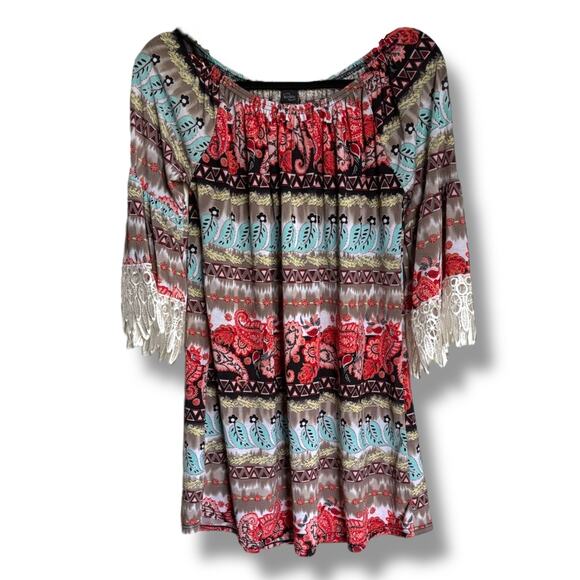 Win Win WinWin Half Sleeve Lace Tunic Paisley Stretch Off Shoulder L / XL - Picture 3 of 6
